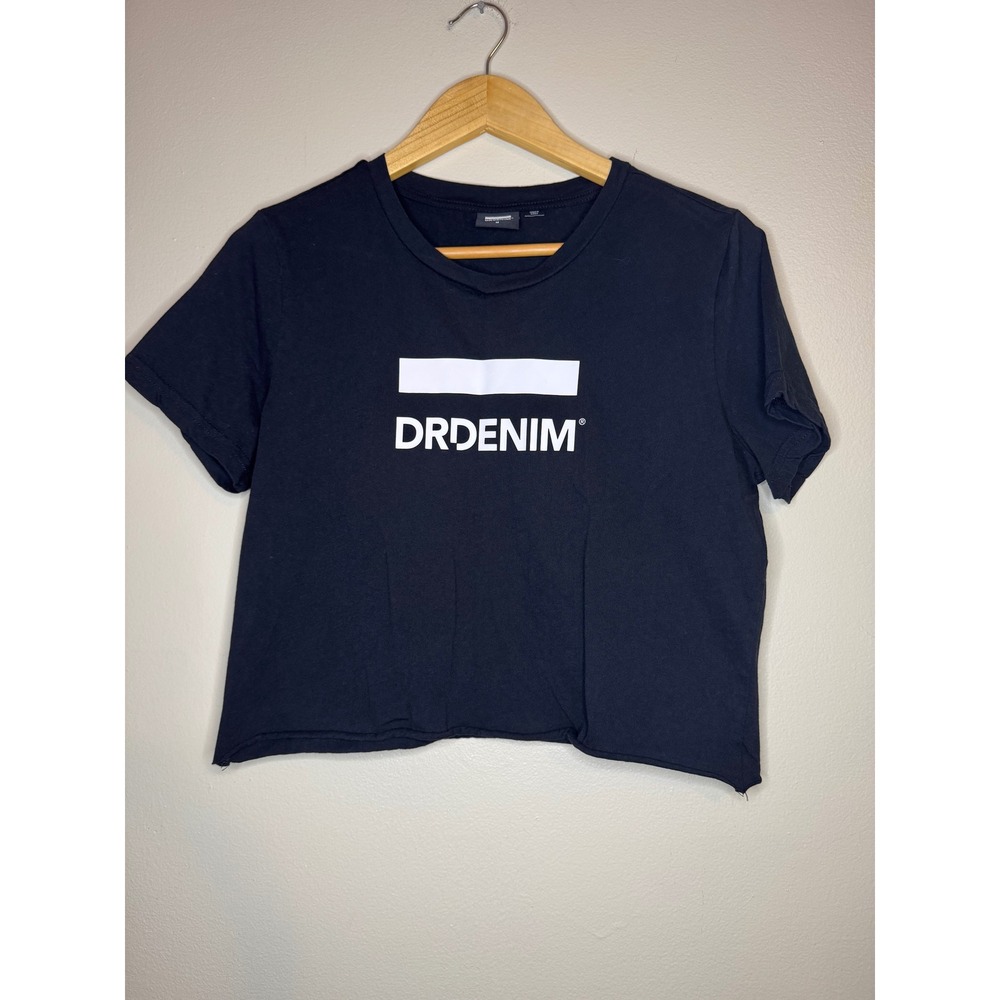 Dr Denim Womens Black Logo Graphic Cropped T-Shirt Size‎ M Short Sleeve Raw Hem